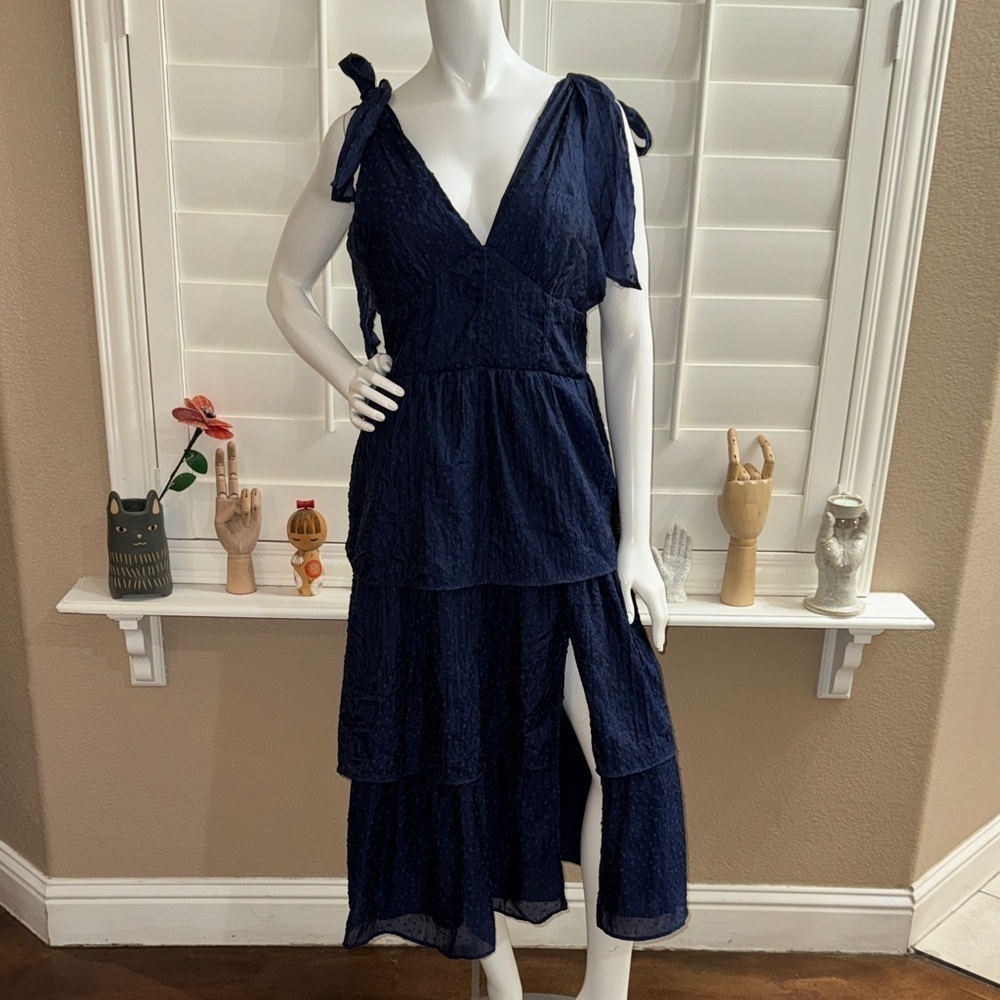 Lulus Blissful Direction Navy Tie-Strap Clip Dot Bustier Midi Dress